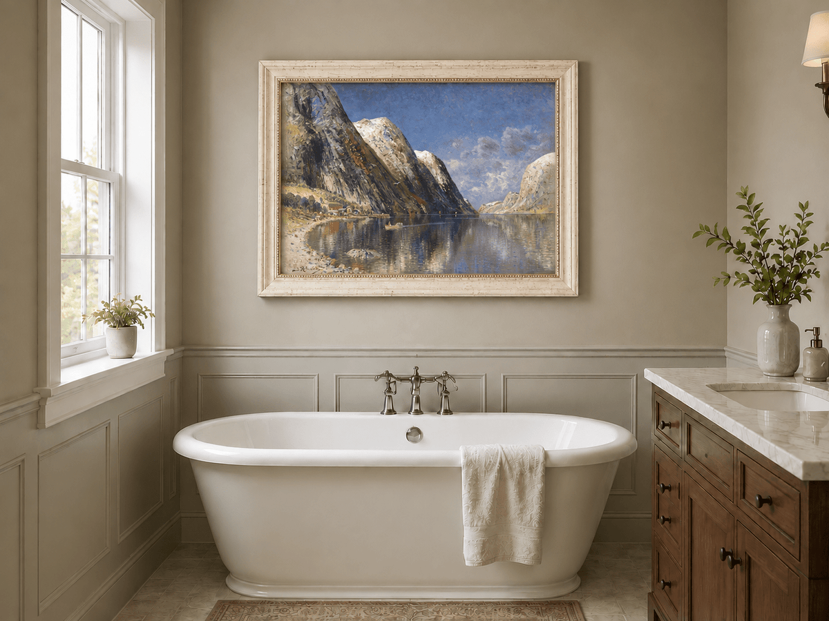 Landscape Oil Painting - Norwegian Fjord, Snow-Capped Peaks