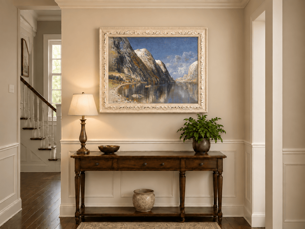 Landscape Oil Painting - Norwegian Fjord, Snow-Capped Peaks
