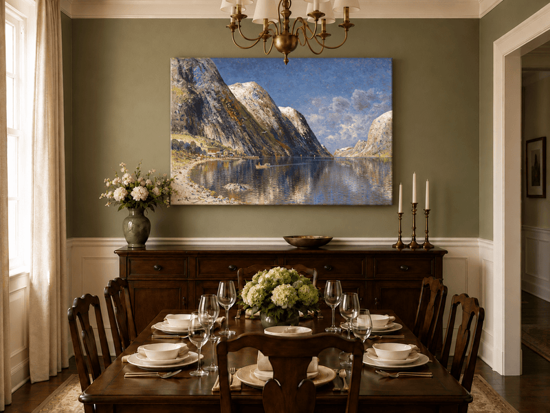 Landscape Oil Painting - Norwegian Fjord, Snow-Capped Peaks