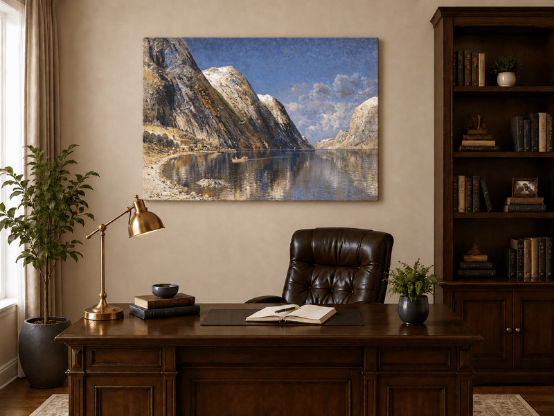 Landscape Oil Painting - Norwegian Fjord, Snow-Capped Peaks