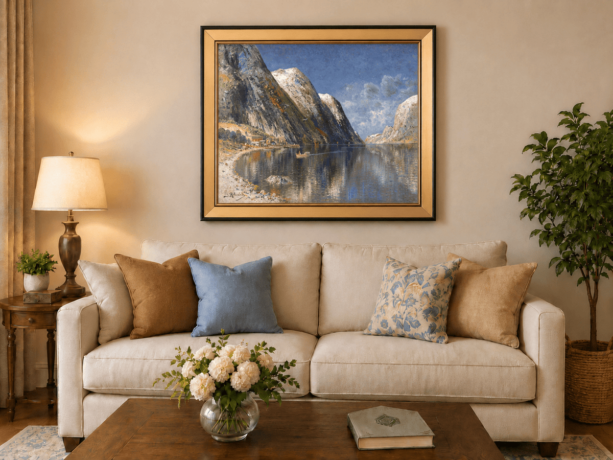 Landscape Oil Painting - Norwegian Fjord, Snow-Capped Peaks