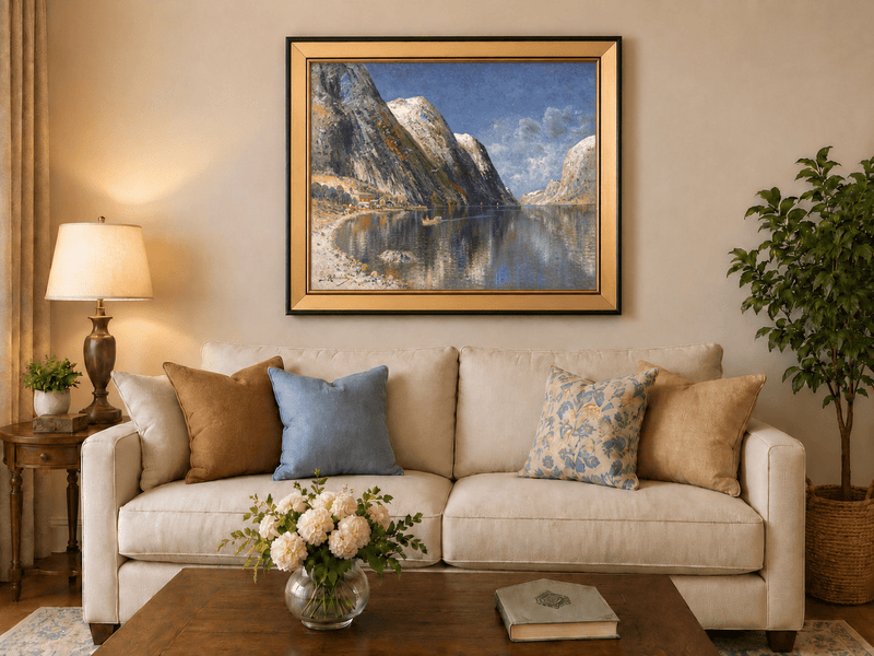 Landscape Oil Painting - Norwegian Fjord, Snow-Capped Peaks