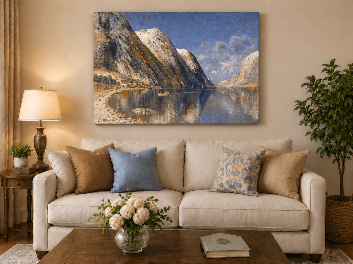 Landscape Oil Painting - Norwegian Fjord, Snow-Capped Peaks