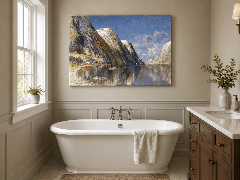 Landscape Oil Painting - Norwegian Fjord, Snow-Capped Peaks