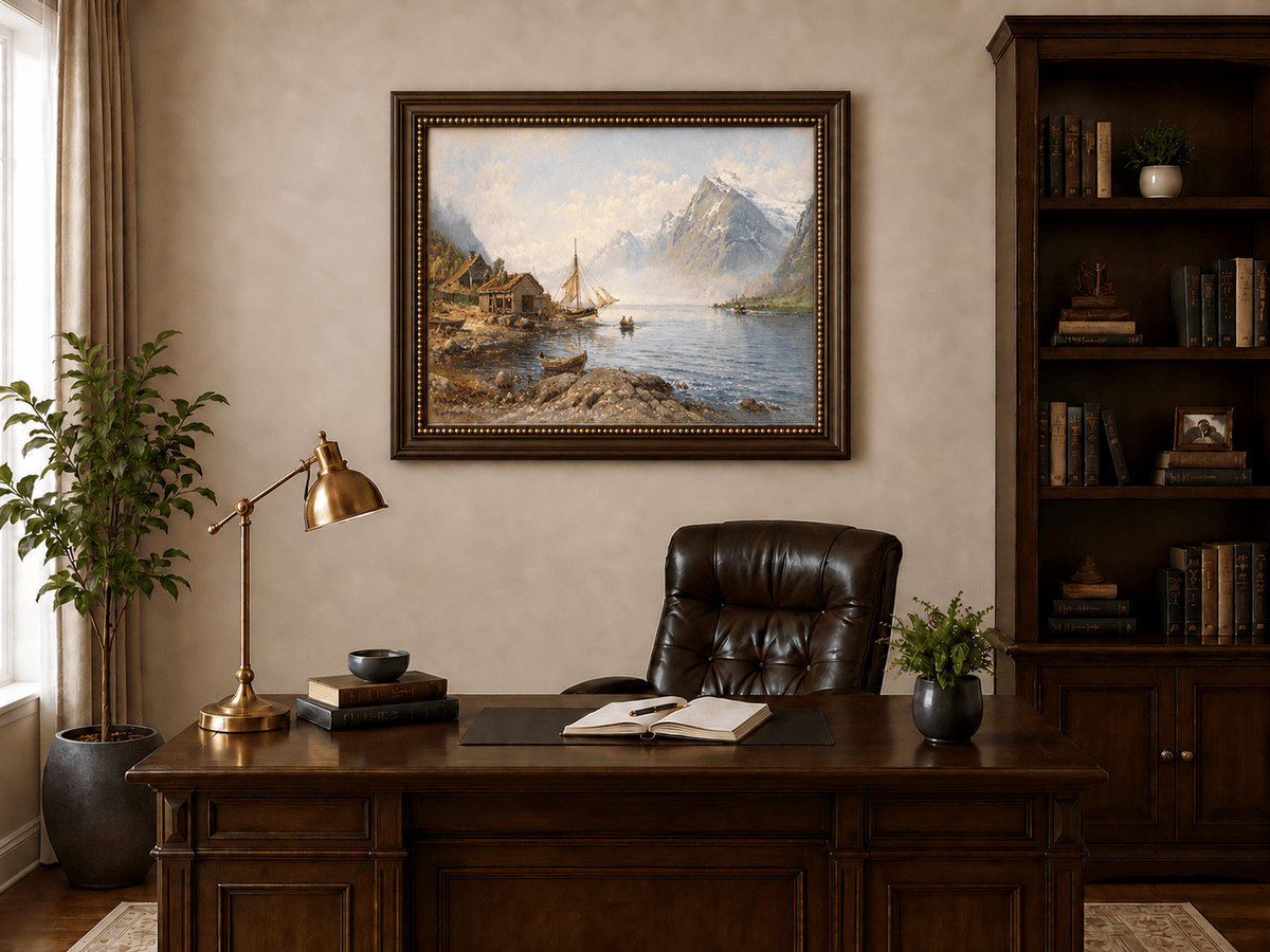 Landschaftsgemälde in Öl – Dramatische Felsschlucht mit Figuren