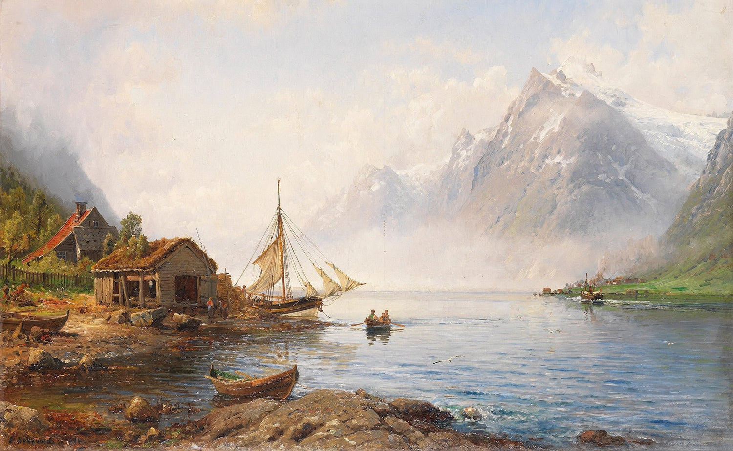 Landscape Oil Painting - Norwegian Fjord with Sailboat and Peaks - Oil Painting Haven