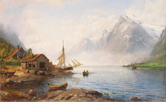 Hand-painted norwegian fjord with sailboat and peaks landscape oil painting on canvas