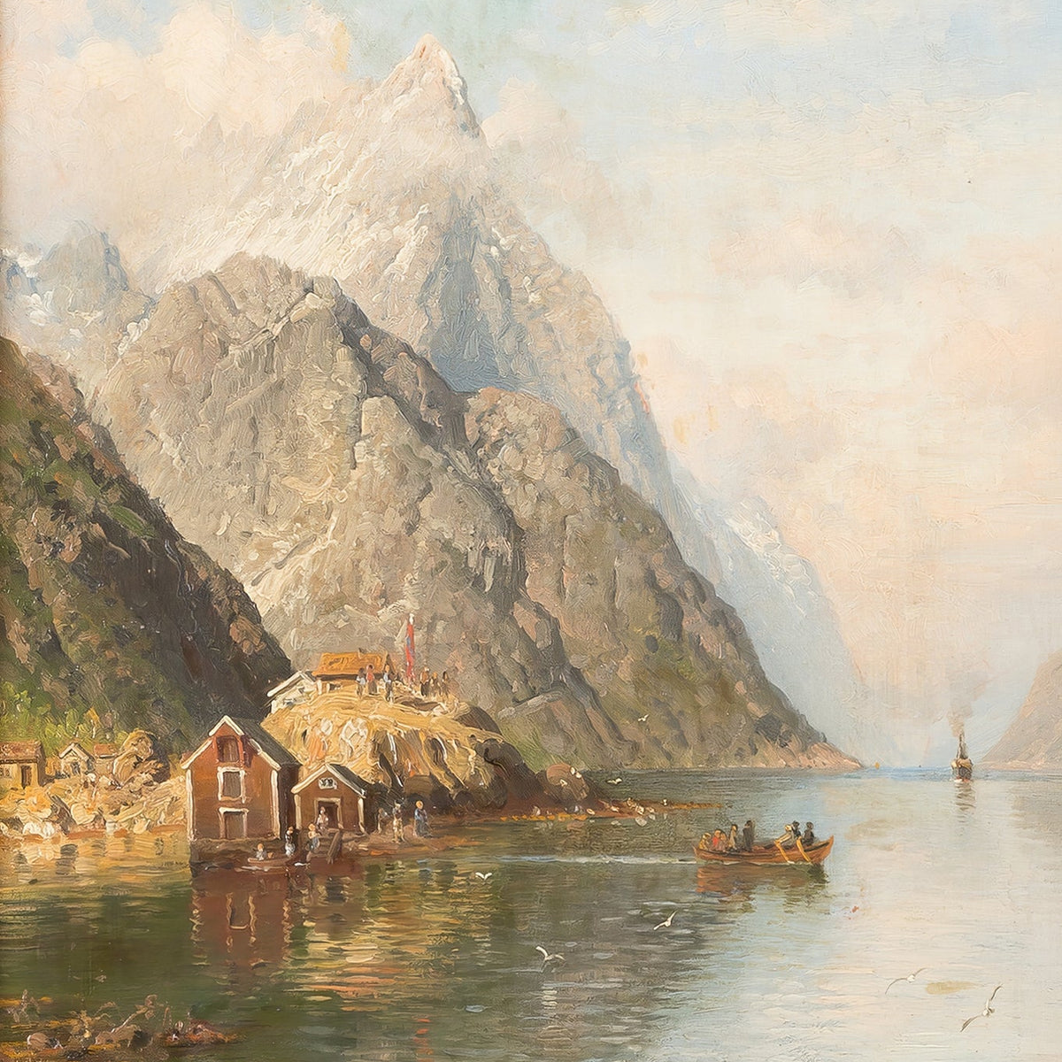 Hand-painted norwegian fjord with snowy peaks landscape oil painting on canvas