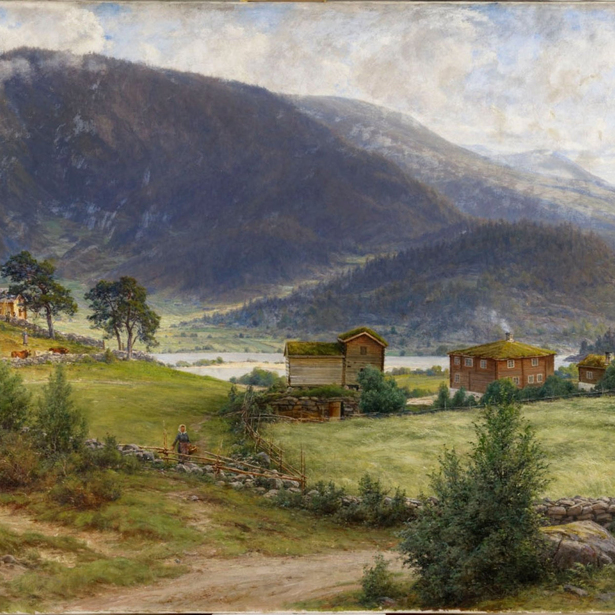 Hand-painted norwegian valley farm and mountain lake landscape oil painting on canvas
