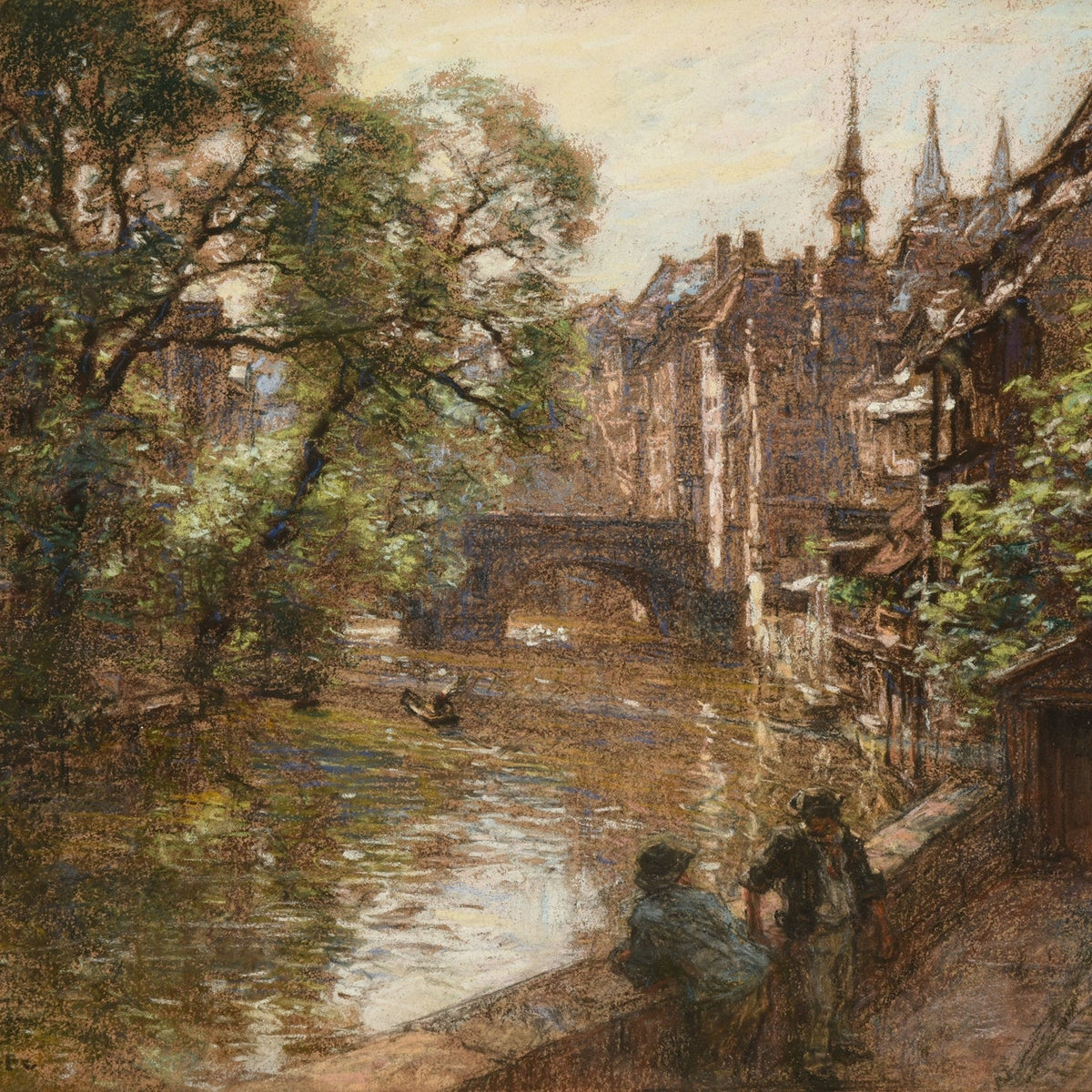 Hand-painted nuremberg canal bridge with figures landscape oil painting on canvas