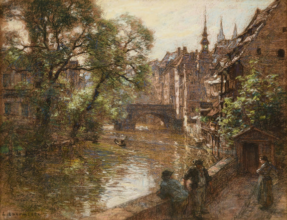 Hand-painted nuremberg canal bridge with figures landscape oil painting on canvas