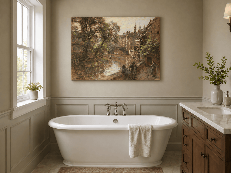 Landscape Oil Painting - Nuremberg Canal Bridge with Figures