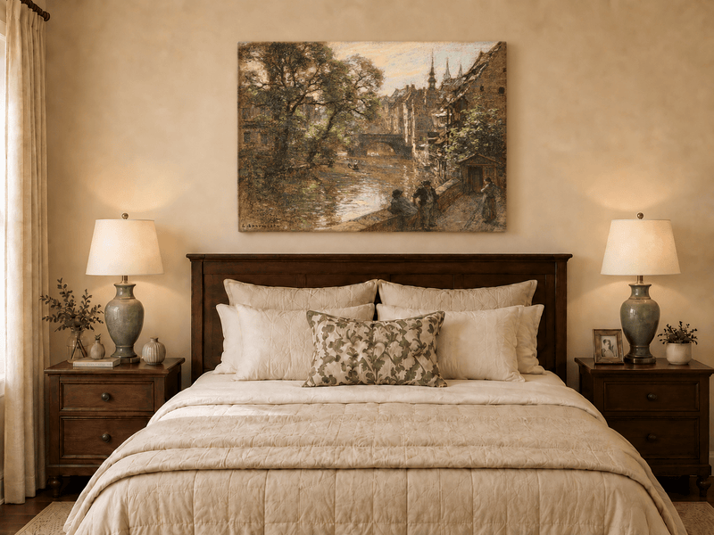 Landscape Oil Painting - Nuremberg Canal Bridge with Figures