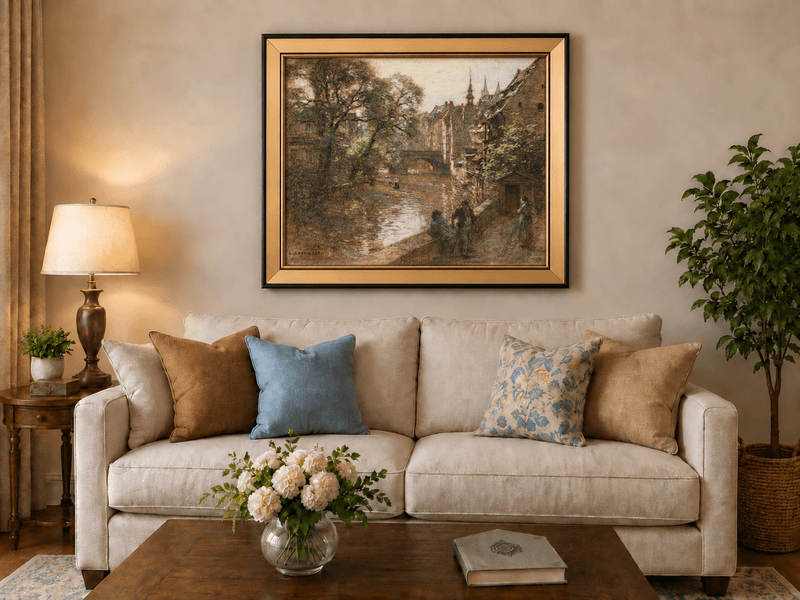 Landscape Oil Painting - Nuremberg Canal Bridge with Figures