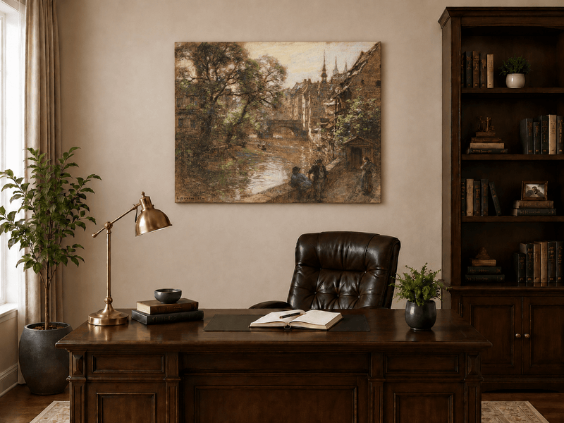 Landscape Oil Painting - Nuremberg Canal Bridge with Figures