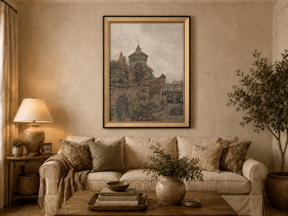 Landscape Oil Painting - Nuremberg Wall, Tower and Bridge View
