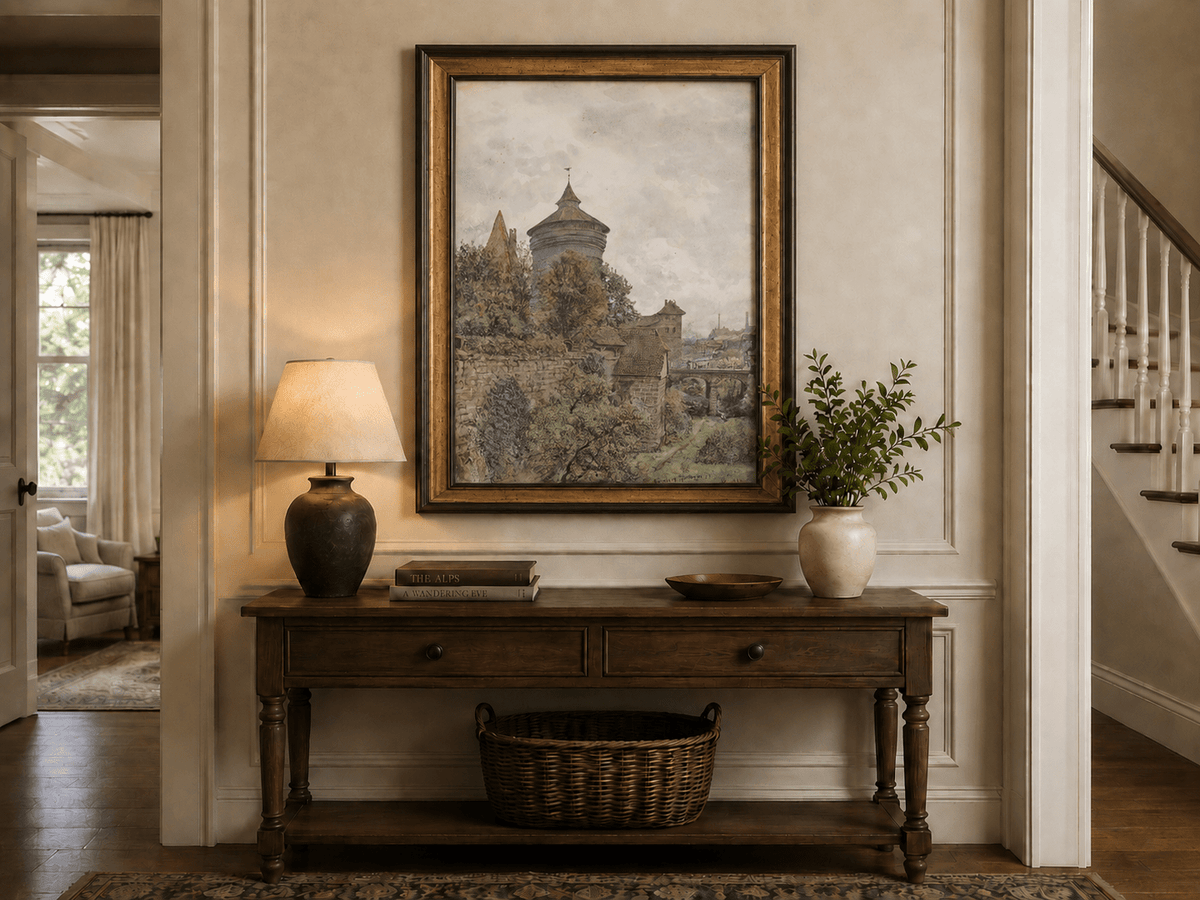 Landscape Oil Painting - Nuremberg Wall, Tower and Bridge View