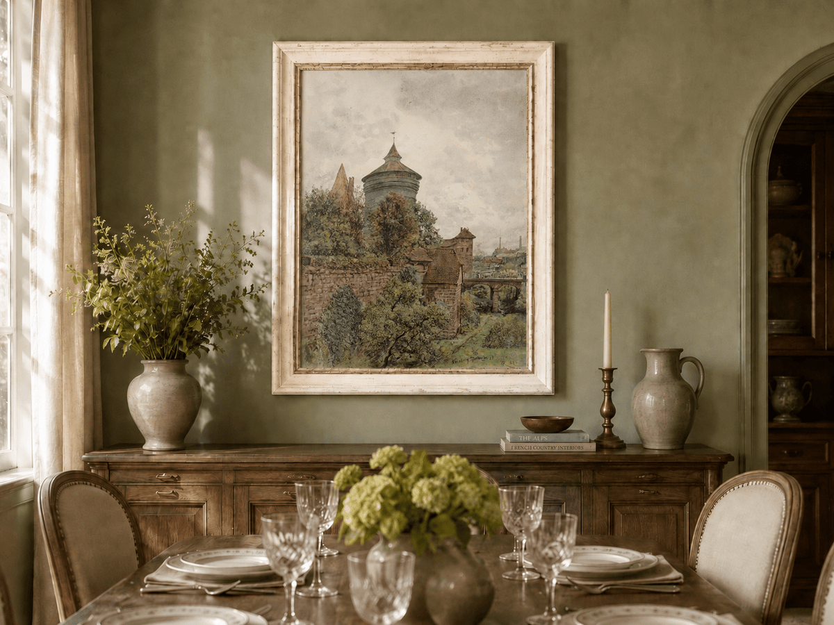 Landscape Oil Painting - Nuremberg Wall, Tower and Bridge View