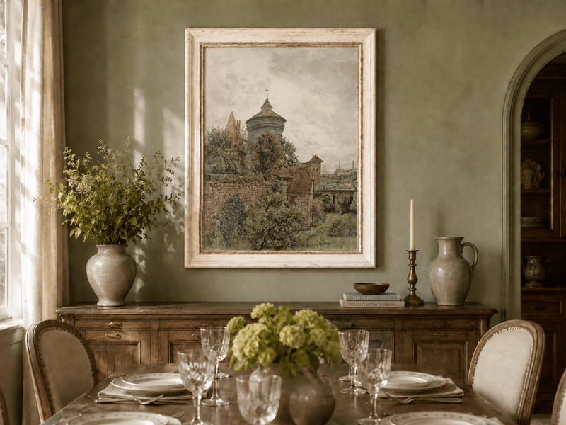 Landscape Oil Painting - Nuremberg Wall, Tower and Bridge View