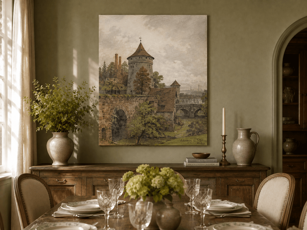 Landscape Oil Painting - Nuremberg Wall, Tower and Bridge View