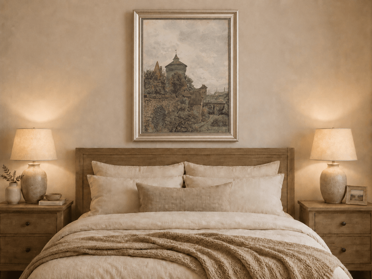 Landscape Oil Painting - Nuremberg Wall, Tower and Bridge View