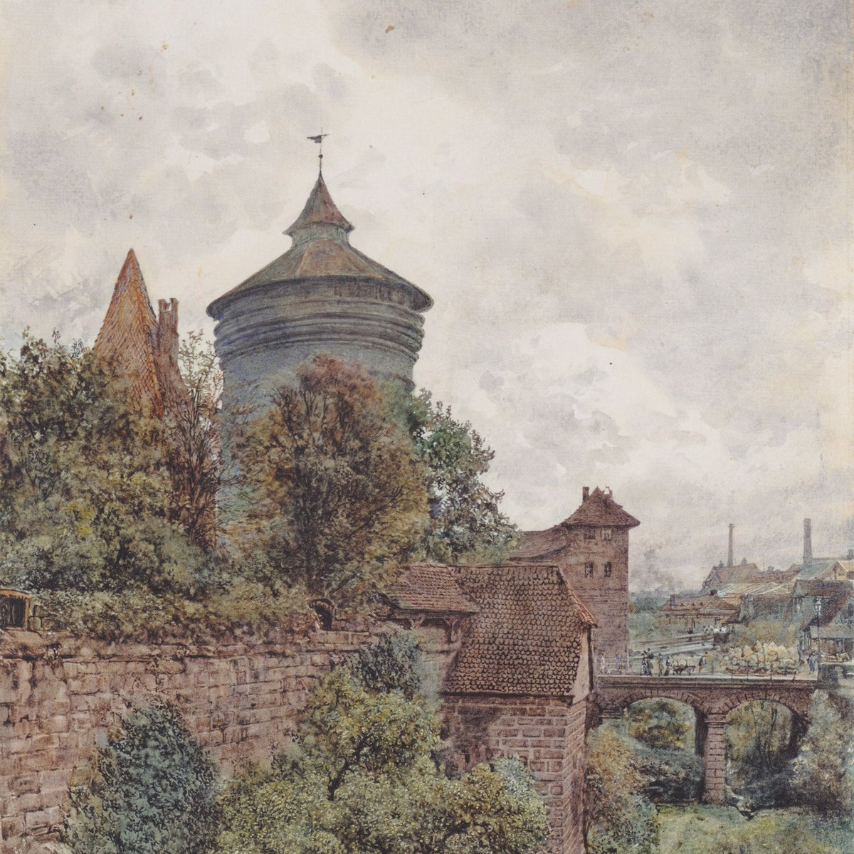 Hand-painted nuremberg wall, tower and bridge view landscape oil painting on canvas