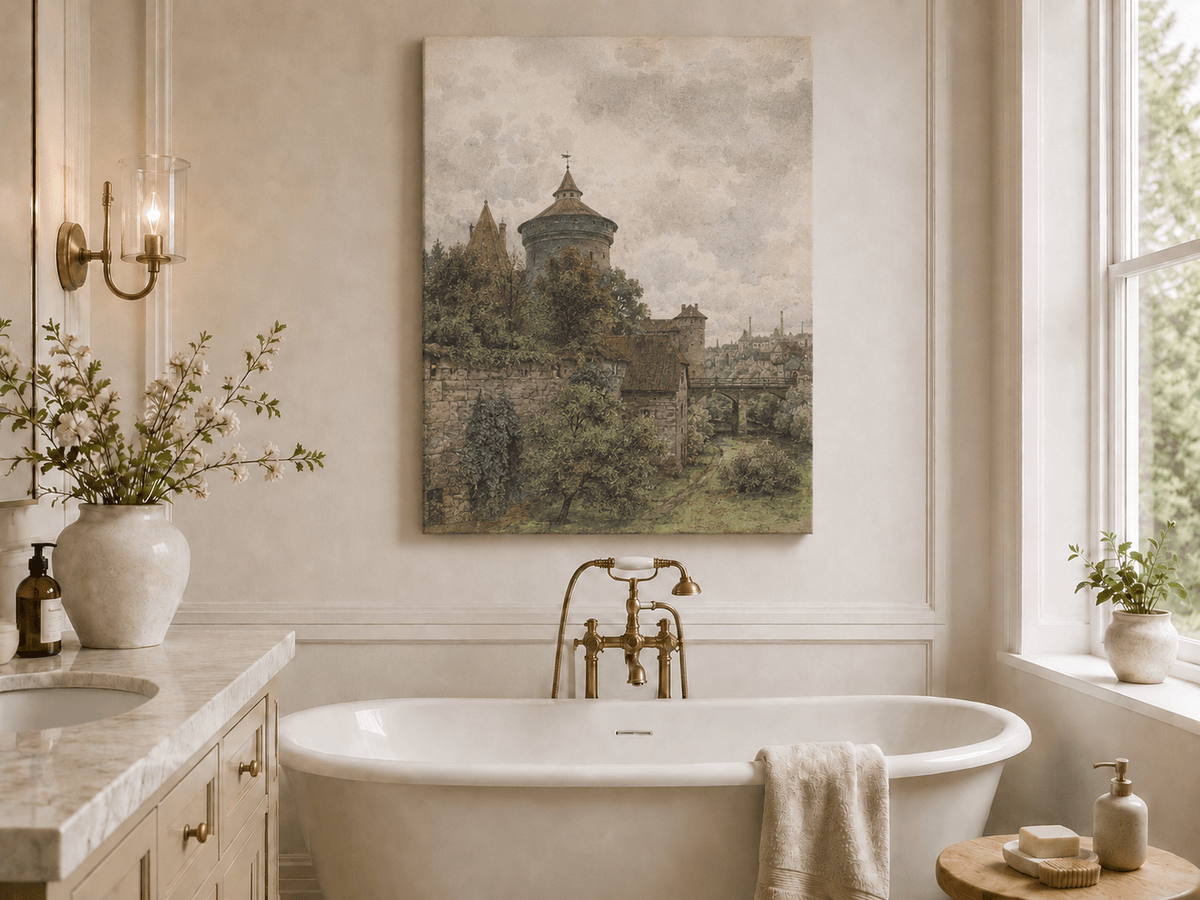 Landscape Oil Painting - Nuremberg Wall, Tower and Bridge View