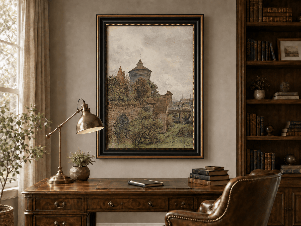 Landscape Oil Painting - Nuremberg Wall, Tower and Bridge View