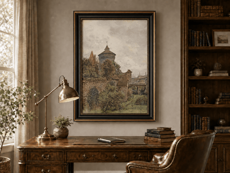 Landscape Oil Painting - Nuremberg Wall, Tower and Bridge View