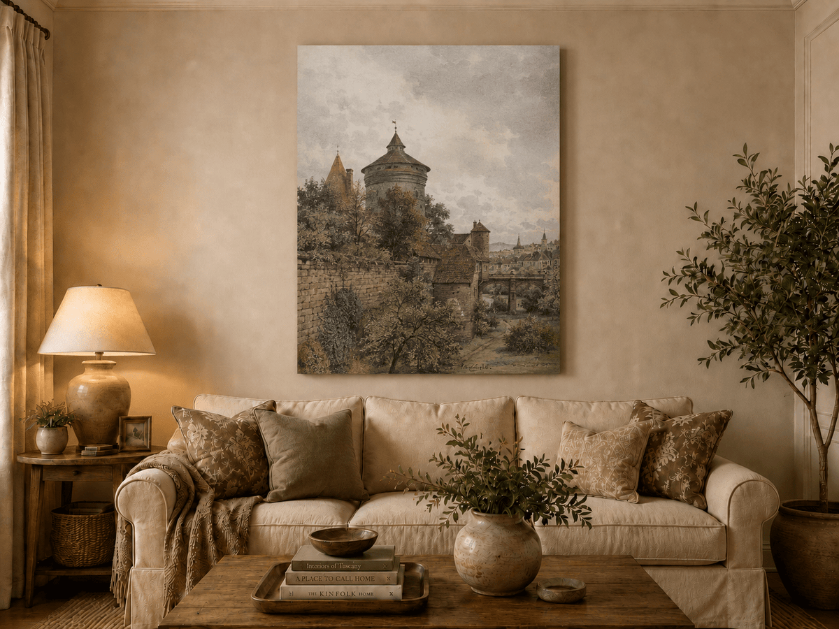 Landscape Oil Painting - Nuremberg Wall, Tower and Bridge View