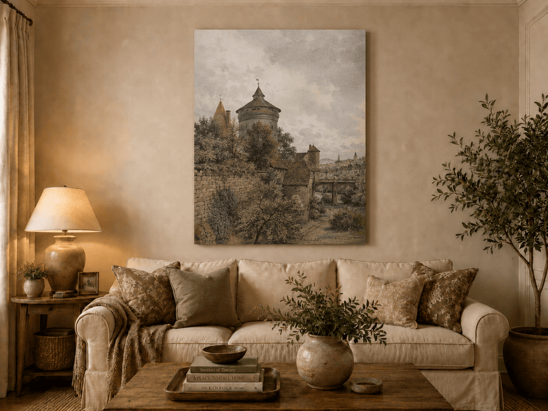 Landscape Oil Painting - Nuremberg Wall, Tower and Bridge View