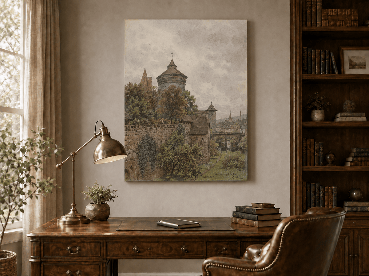 Landscape Oil Painting - Nuremberg Wall, Tower and Bridge View