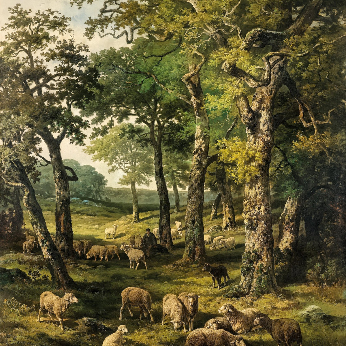 Landscape Oil Painting - Oak forest sheep pasture & shepherd - Oil Painting Haven