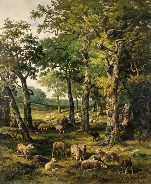 Landscape Oil Painting - Oak forest sheep pasture & shepherd - Oil Painting Haven