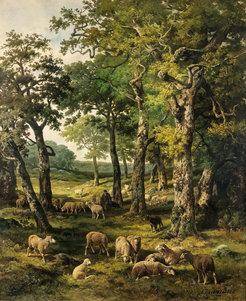 Landscape Oil Painting - Oak forest sheep pasture & shepherd - Oil Painting Haven