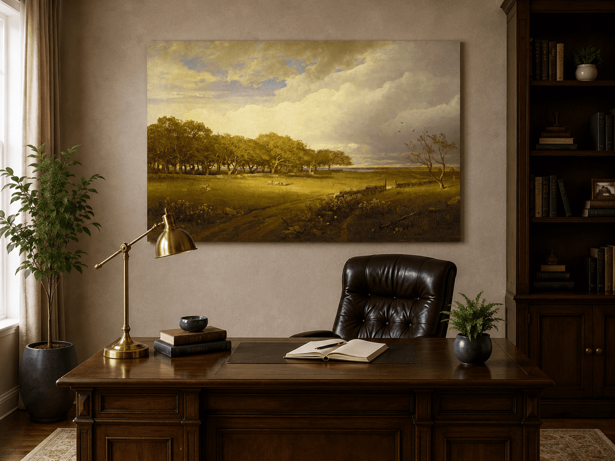 Landschaft Ölgemälde - Eichenhain Weide Sonnenbeschienenes Gras & Erde