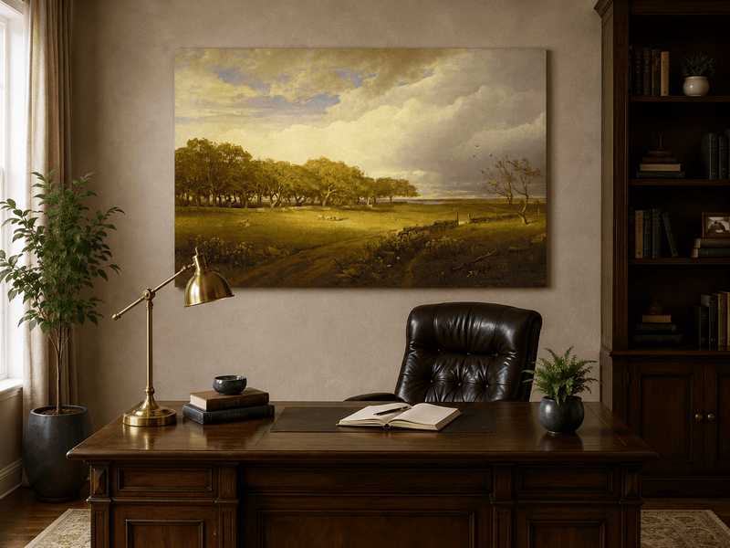 Landschaft Ölgemälde - Eichenhain Weide Sonnenbeschienenes Gras & Erde
