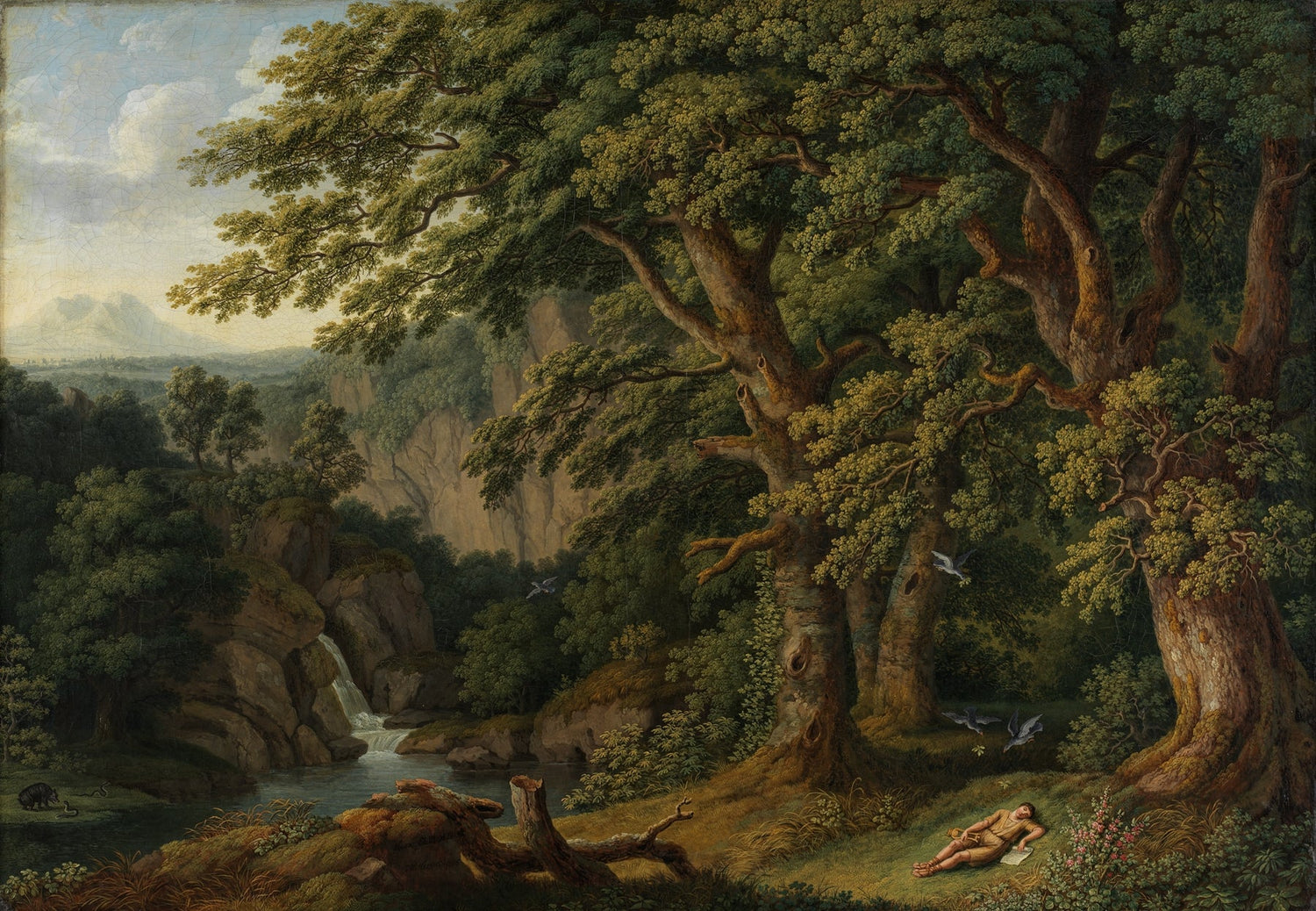 Landscape Oil Painting - Oak Trees, Valley Waterfall & Resting Figure - Oil Painting Haven