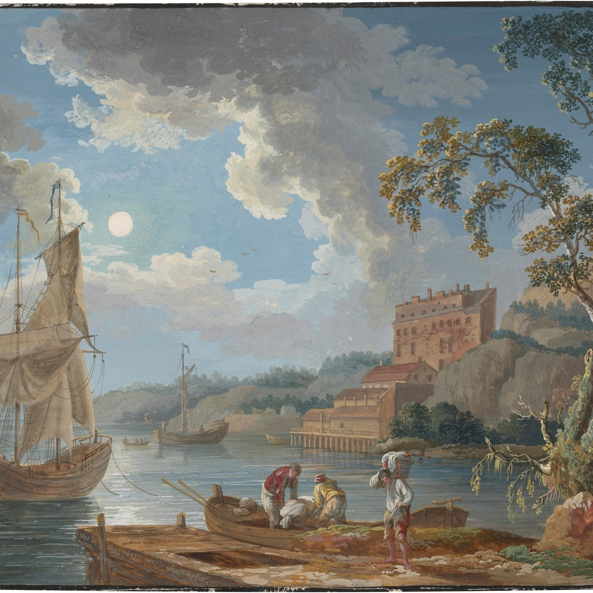 Landscape Oil Painting - oastal Harbour, Sailboats & Shore Buildings - Oil Painting Haven