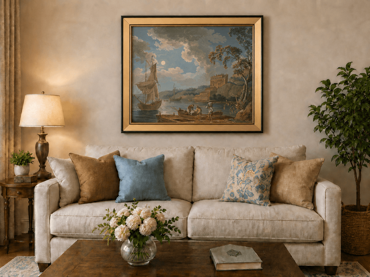 Peinture à l'huile de paysage - Port côtier, voiliers et rivage