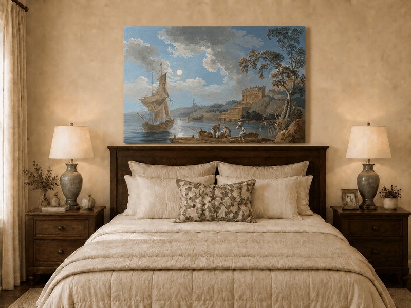 Peinture à l'huile de paysage - Port côtier, voiliers et rivage