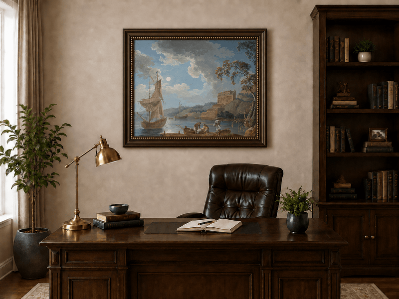 Peinture à l'huile de paysage - Port côtier, voiliers et rivage