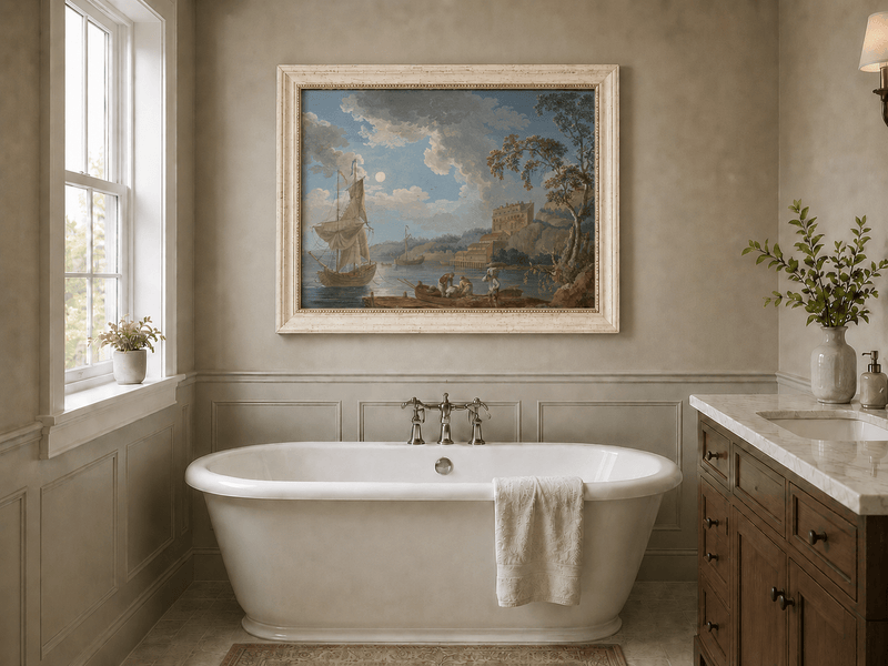 Peinture à l'huile de paysage - Port côtier, voiliers et rivage