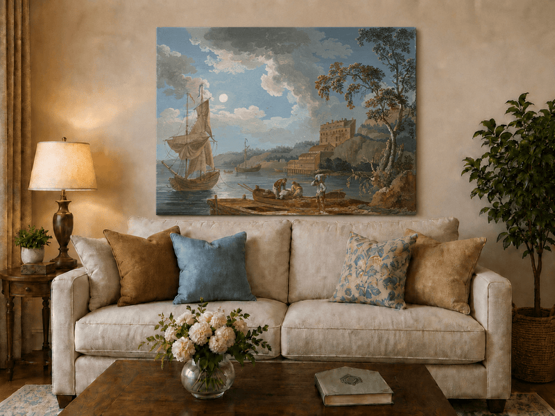 Peinture à l'huile de paysage - Port côtier, voiliers et rivage