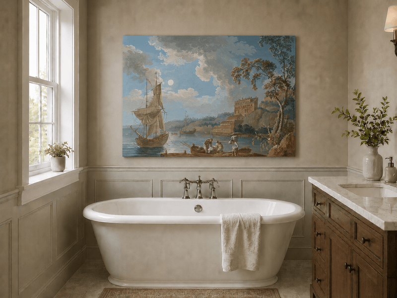 Peinture à l'huile de paysage - Port côtier, voiliers et rivage