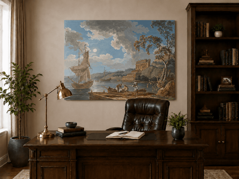 Peinture à l'huile de paysage - Port côtier, voiliers et rivage