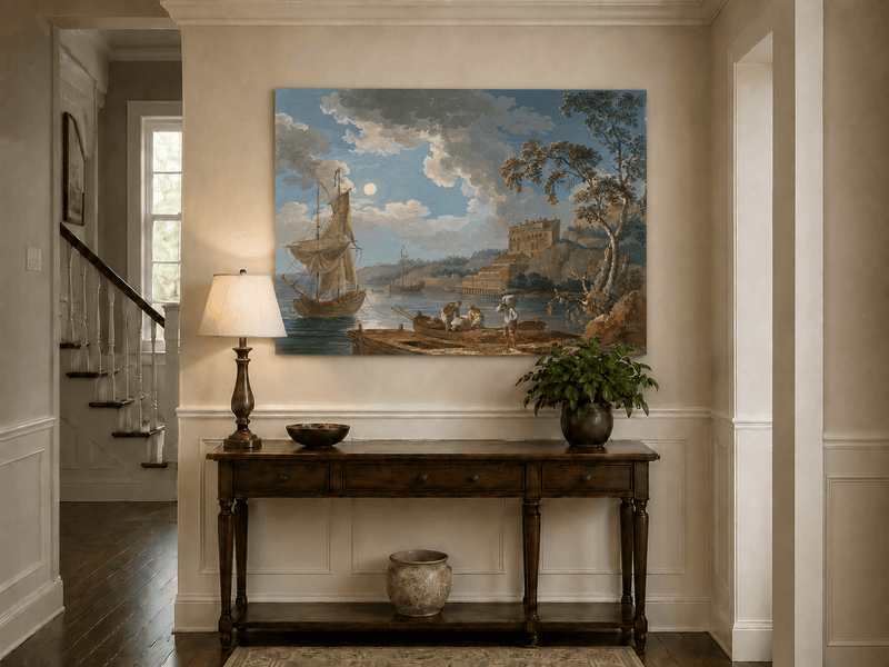 Peinture à l'huile de paysage - Port côtier, voiliers et rivage