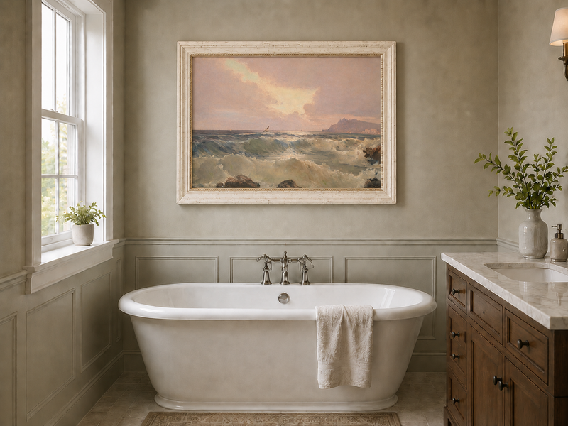 Landscape oil painting of coastal waves at dusk displayed in a bathroom interior above a bathtub.