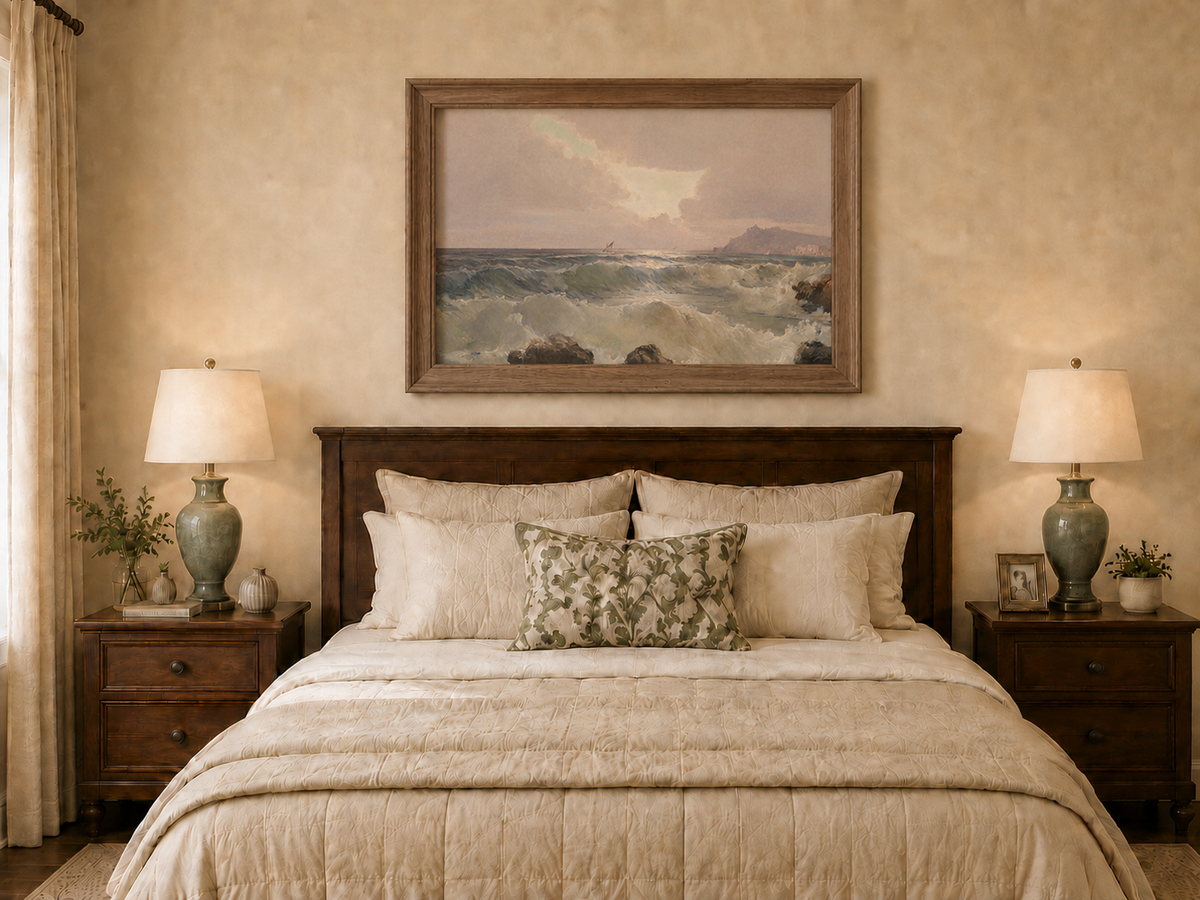Landscape oil painting of coastal waves at dusk displayed above a bed in a bedroom interior.