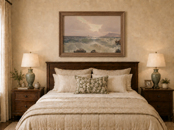 Landscape oil painting of coastal waves at dusk displayed above a bed in a bedroom interior.